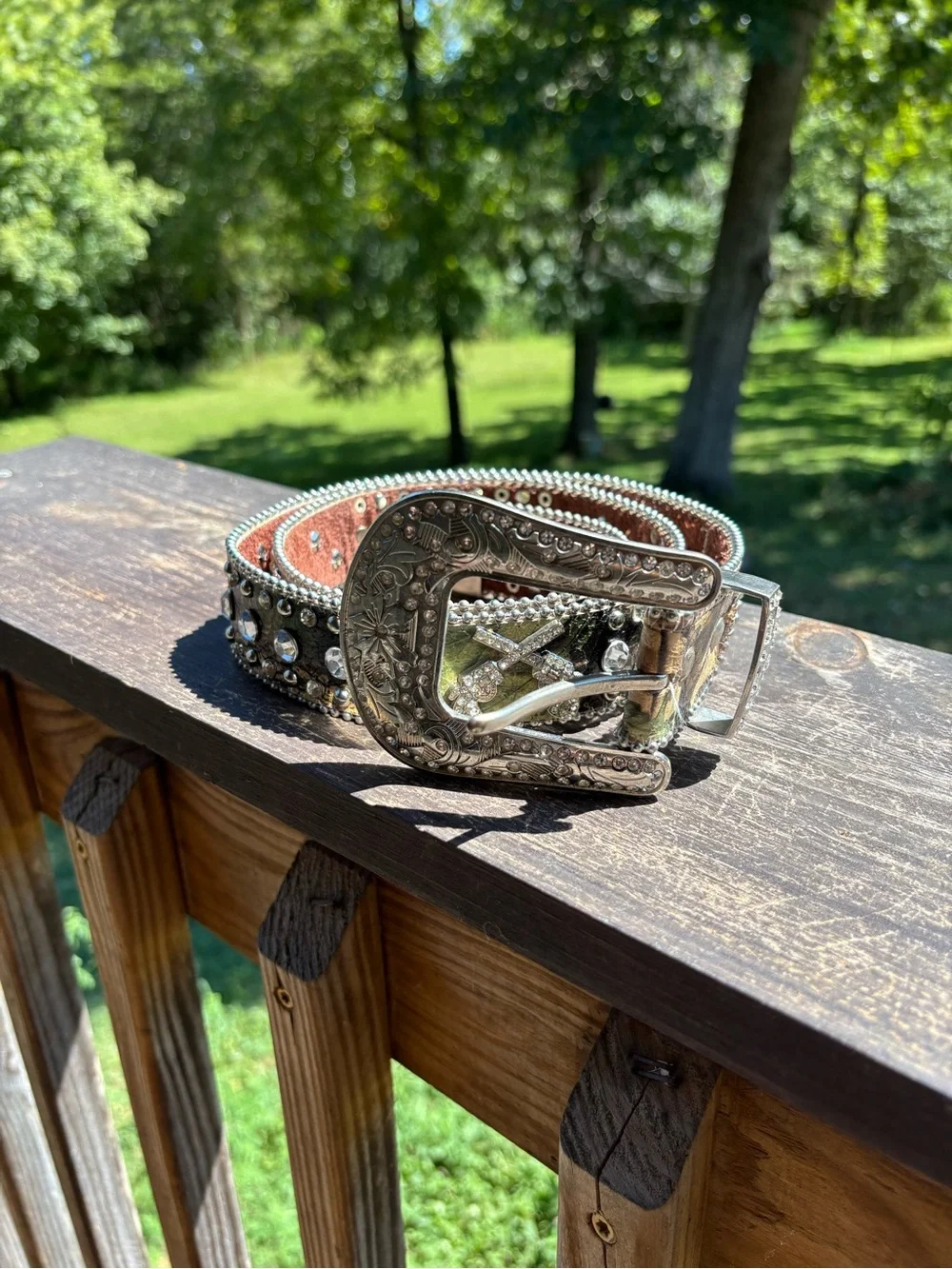 Western Rhinestone Camo Belt Size L Crossed Pistols Guns Ornate Buckle Bling